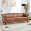 83.46" Brown PU Rolled Arm Chesterfield 3-Seater Sofa with Nailhead Trim and Quilted Backrest - 3 of 4