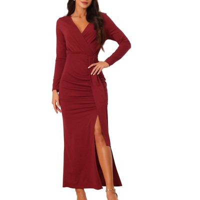 Women Wrap Velvet Dress Long Sleeve V Neck Cocktail Bodycon Split Ruched  Midi Maxi Wedding Guest Dress, Wine Red, Medium : : Clothing,  Shoes & Accessories