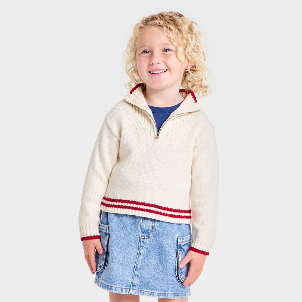 Baby Girls' 4th of July Long Sleeve Collared Flag Quarter-Zip Pullover Sweater - Cat & Jack™ Cream 12M