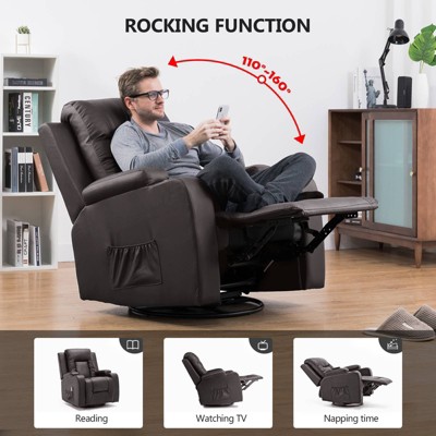 COMHOMA Recliner Chair PU Leather Rocking Sofa with Heated Massage Brown