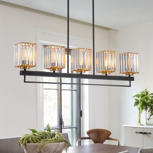 LLHZSY 38 3/5" Black Linear Chandelier with Crystal Shades, Modern 5-Light Island Pendant Ceiling Fixtures - 1 of 4