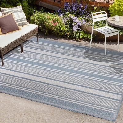 Modern Double Stripe Blue/Light Gray 3'x5' Synthetic Indoor/Outdoor Rug