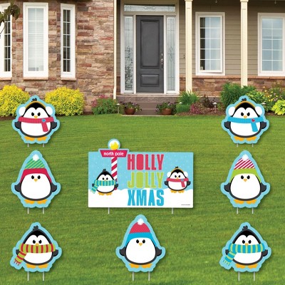 Big Dot of Happiness Holly Jolly Penguin - Yard Sign and Outdoor Lawn Decorations - Holiday and Christmas Yard Signs - Set of 8