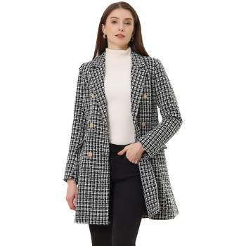 Allegra K Women's Notched Lapel Collar Coat Elegant Double-Breasted Plaid Tweed Blazer Outerwear