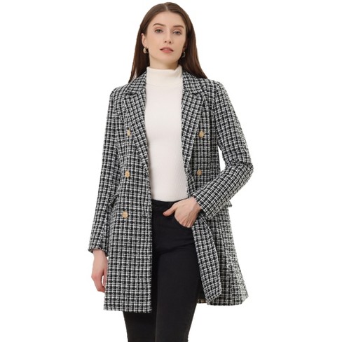 Unique Bargains Women's Plaid Tweed Blazer Long Sleeve Open Front