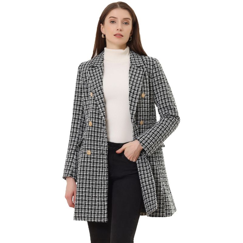 Allegra K Women's Notched Lapel Collar Coat Elegant Double-Breasted Plaid Tweed Blazer Outerwear, 1 of 7