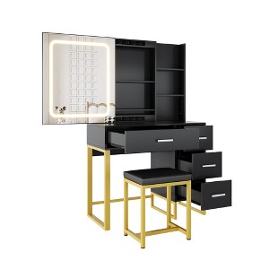 Vanity Desk with Sliding Mirror and Lights, Wood Makeup Vanity Desk, 3 Lighting Modes, 4 Drawers, 5 Storage Shelves, Hairdryer Holder - 1 of 4