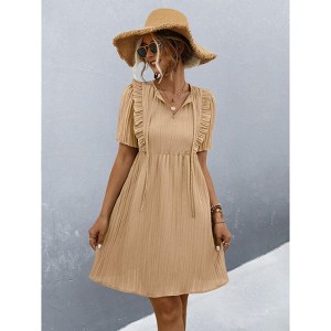 Coolmee Women Summer Mini Dress Drawstring V-Neck Puff Short Sleeve Short Sundress L Apricot - 1 of 4