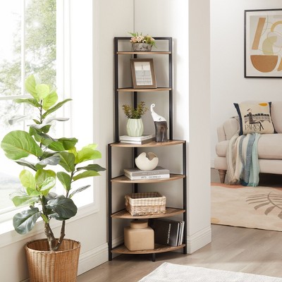 CAVINAS Bookcases for Living Room 4 Tier Asymmetrical Shelf Design Bookcase Display Storage Shelf with Rustic Wood