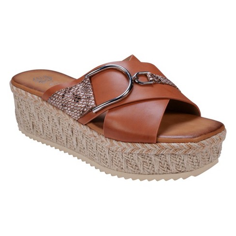 GC Shoes Lindsey Tan 9 Buckle Cross Strap Espadrille Slide Platform Sandals