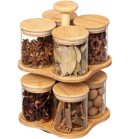 Basicwise Two tier Bamboo Lazy Susan Turntable With 8 Pcs 12 Oz Airtight Lid Glass Jars Versatile Spice Rack Organizer Target