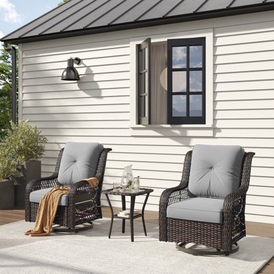 Bestier Outdoor Wicker Swivel Glider Chair with Tempered Glass Table, LED Patio Rocker with 4" Anti-Slip Navy Cushion
