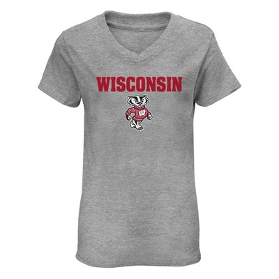 NCAA Wisconsin Badgers Girls' Short Sleeve Gray V-Neck T-Shirt