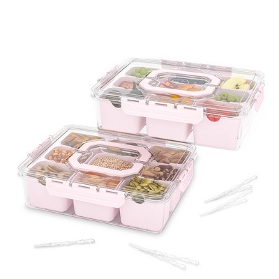 YIGII Divided Serving Tray with Lid and Handles 9 Compartments Snack Box Container Charcuterie Organizer Snackle Box Container for Candy,Nuts,Pink