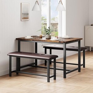 Small Kitchen Table Set with 2 Upholstered Bench, 3 Piece Farmhouse Rectangular Dining Room Table Set, Space Saving Dining Table for Apartment - 1 of 4