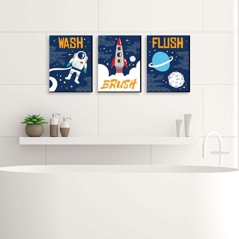 Big Dot of Happiness Blast Off to Outer Space - Kids Bathroom Rules Wall Art - 7.5 x 10 inches - Set of 3 Signs - Wash, Brush, Flush, 2 of 8