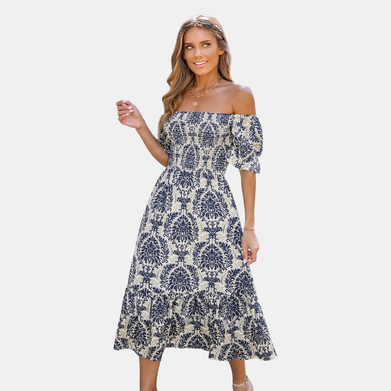 Women's Moss and Navy Off Shoulder Smocked Midi Dress - Cupshe, 3 of 8