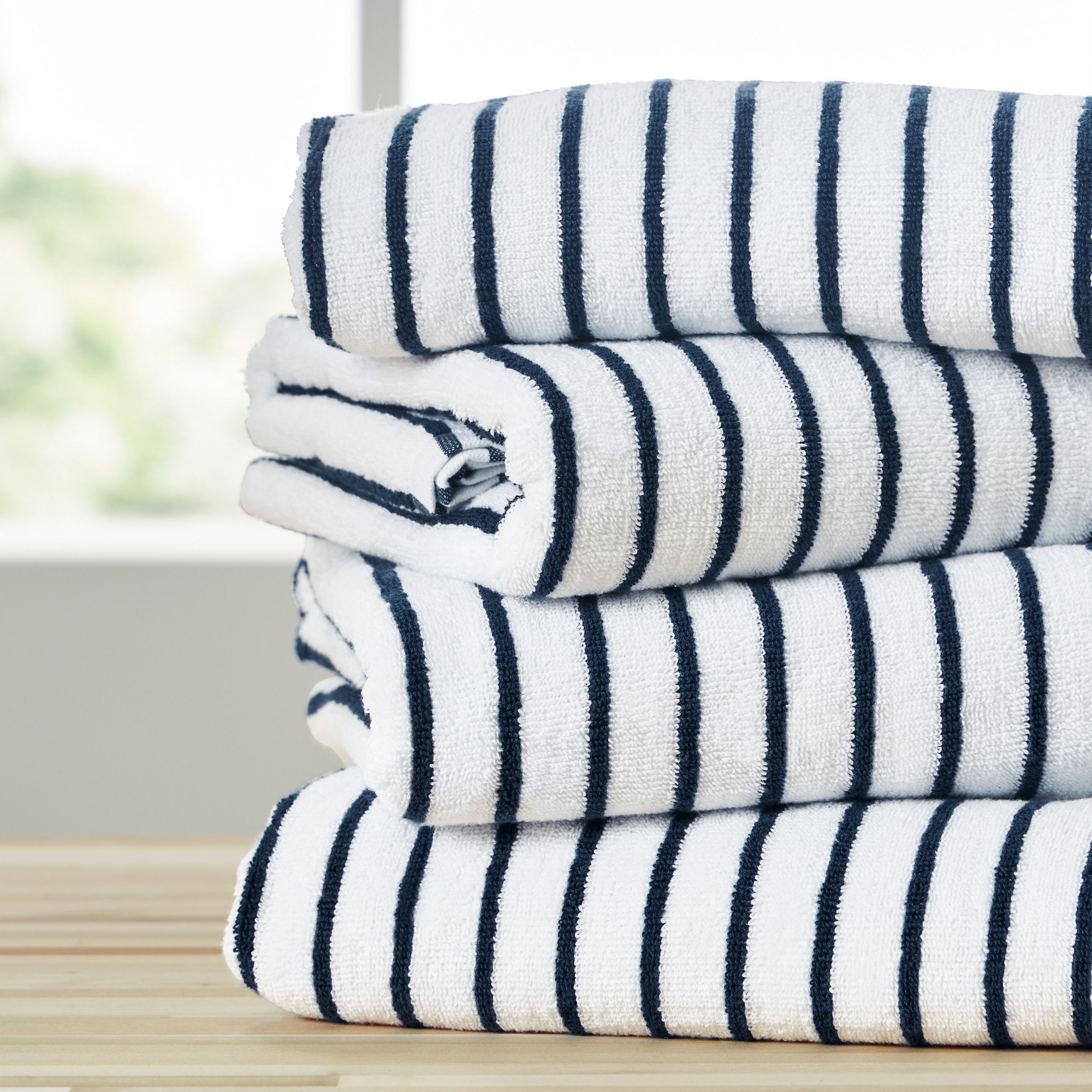 Cabana Stripe 100% Cotton Pool and Beach Towels - Oversized, Absorbent, Quick-Dry Towels - Becky Cameron, Navy, Pack of 4