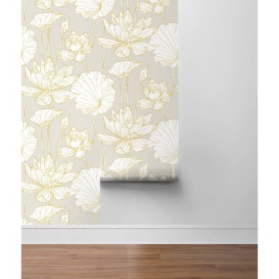 Metallic Gold and Gray Lotus Floral Peel and Stick Wallpaper