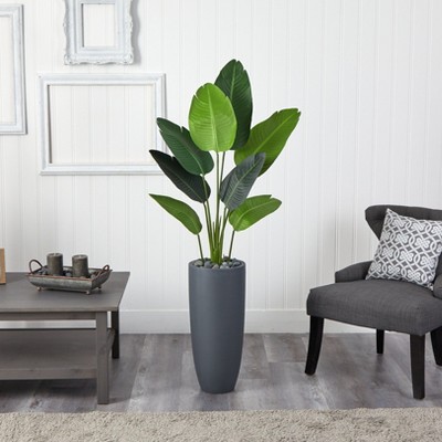 Tall Green Faux Palm Tree in Gray Cylinder Planter