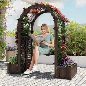 Acekool Wood Garden Arbor with Planter Boxes and Detachable Swing, Outdoor Arch Trellis for Climbing Plants, Gray - 1 of 4