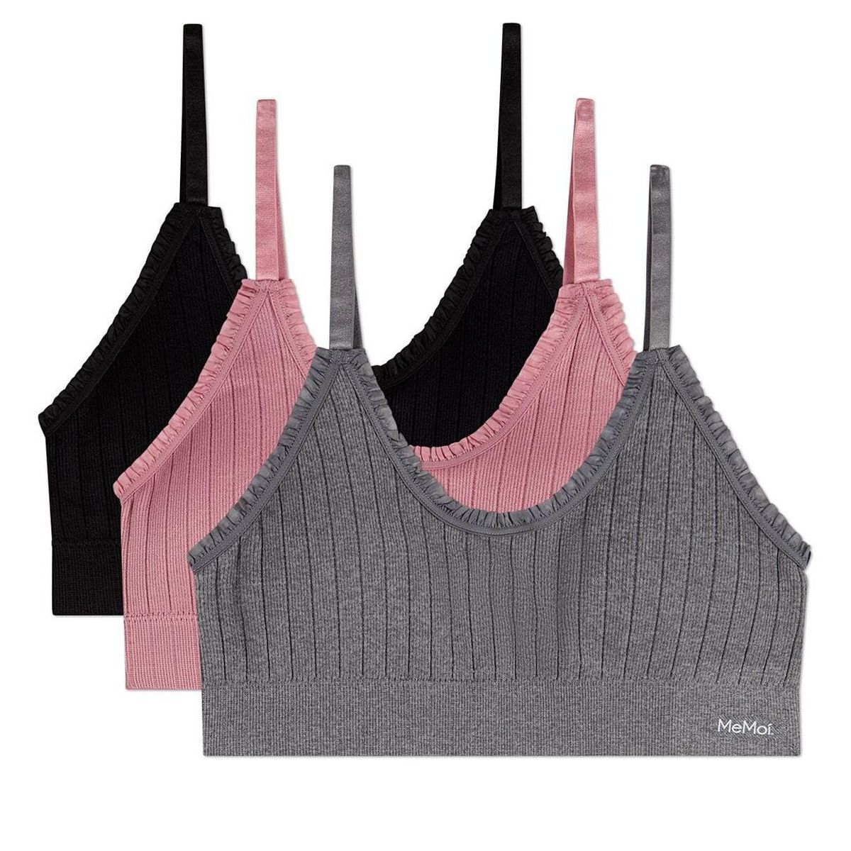 Memoi 3 Pack Women's Seamless Ribbed Ruffle-Trim Tag-Free Padded Bras - thumbnail 8