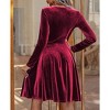 Coolmee Women's Velvet Midi Dresses Casual Crew Neck Long Sleeve Dresses Solid Color Waisted Pleated Flowy Evening Party Gown L Claret - 3 of 4