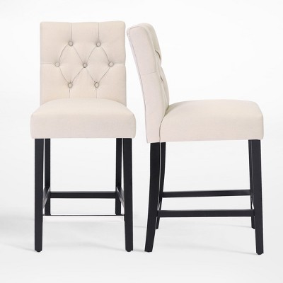 Beige Linen Upholstered Counter Stools with Black Wood Legs, Set of 2