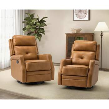 Set of 2 Basilio 28.74" Wide Tufted Wooden Upholstery Genuine Leather Swivel Rocker Recliner with Nailhead Trims | ARTFUL LIVING DESIGN