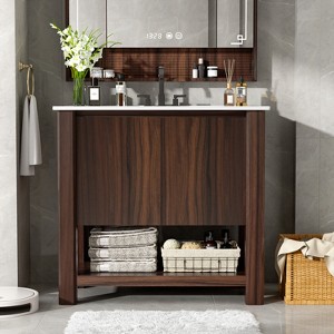TiramisuBest 30"Antique Bathroom Vanity with Ceramic Sink,Mid-Century Modern Cabinet,2 Soft-Close Doors,Large Storage,Retro Freestanding,Brown - 1 of 4