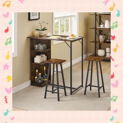 Garvee Dual-Purpose Bar Table Set - Compact 3-Piece Dining and Work Area with Storage Shelves, Includes 2 Stools for Small Spaces