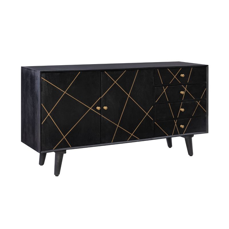 58&#34; Wafford Mid Century Modern Storage Console Solid Wood Gold Trim 3 Doors Black - Powell, 1 of 16