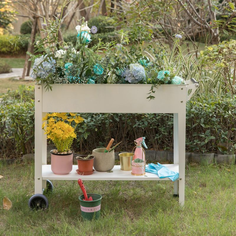 Gardenised Mobile Planter Raised Garden Bed Rectangular Flower Cart with Shelf, 3 of 12