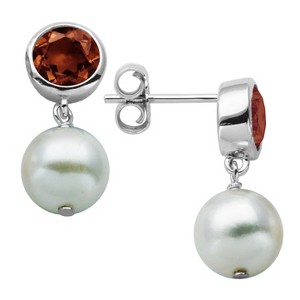 Sterling Silver Genuine White Pearl and Genuine Bezel Set Garnet Post Earrings, Women