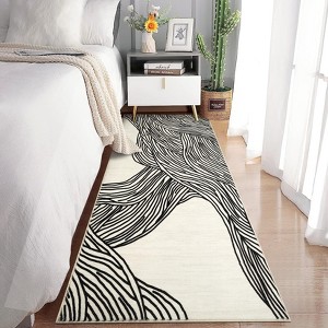 Modern Abstract Area Rug Washable Rug for Living Rooms, Indoor Contemporary Stripe Printed Floor Covering, Soft Neutral Foldable Non Slip Rugs - 1 of 4