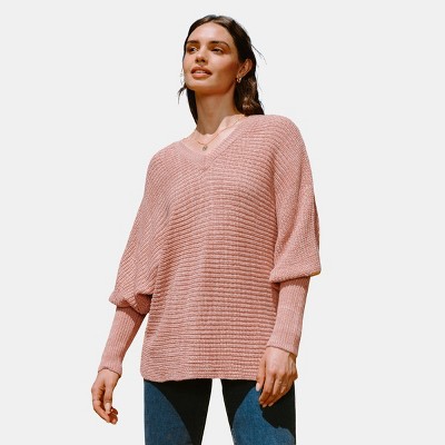 Women's Pink V-Neck Slouchy Sleeve Sweater - Cupshe