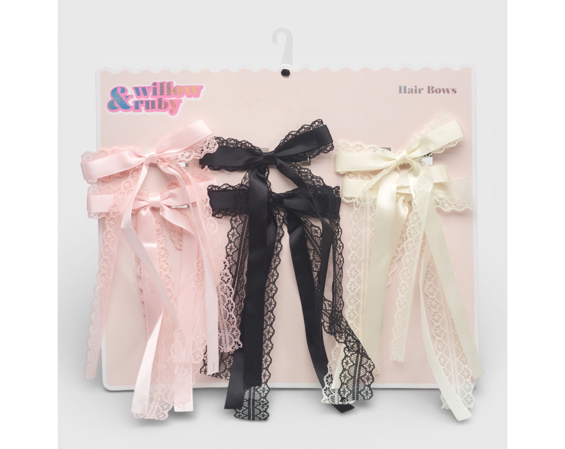 Willow & Ruby 6pk Lace & Satin Ribbon Hair Bows - Pink/Ivory/Black