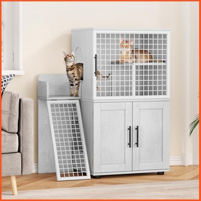 Homhougo Cat Litter Box Enclosure with Cat Tree & House - Multi-Functional Furniture Style Hidden Litter Box Cabinet