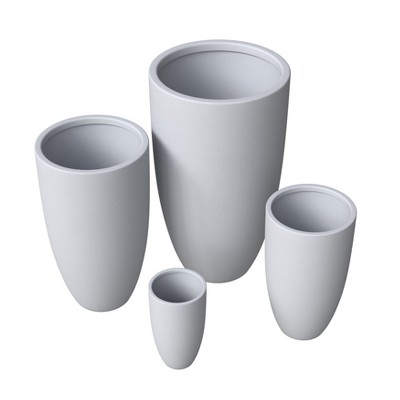 LeisureMod Crete 4-PC Set Tapered Round Stone Planters with Drainage Holes & Weather-Resistant Cover for Indoor and Outdoor Patio Herb Garden