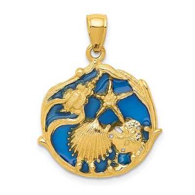 Black Bow Jewelry 14k Yellow Gold Blue Stained Glassed Cluster Shell Pendant