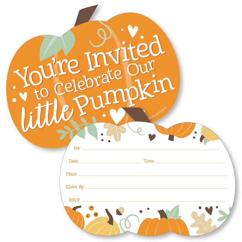 Big Dot of Happiness Little Pumpkin - Shaped Fill-In Invitations - Fall Birthday Party or Baby Shower Invitation Cards with Envelopes - Set of 12, 1 of 8