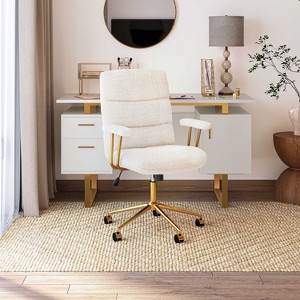 Vynxaria Boucle Fabric White and Gold Office Chair, Modern Height Adjustable Desk Chair with Padded Arms - 1 of 4