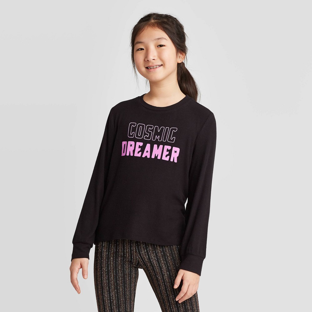 Girls' Long Sleeve Waffle Knit Glow in the Dark Top - art class Black L, Girl's, Size: Large was $14.99 now $5.24 (65.0% off)