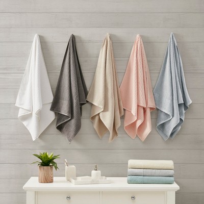 6Pcs 100% Cotton Solid Color Bath Towel Set, Anti-Microbial Certified Waffle Jacquard Quick Dry Bath Towel