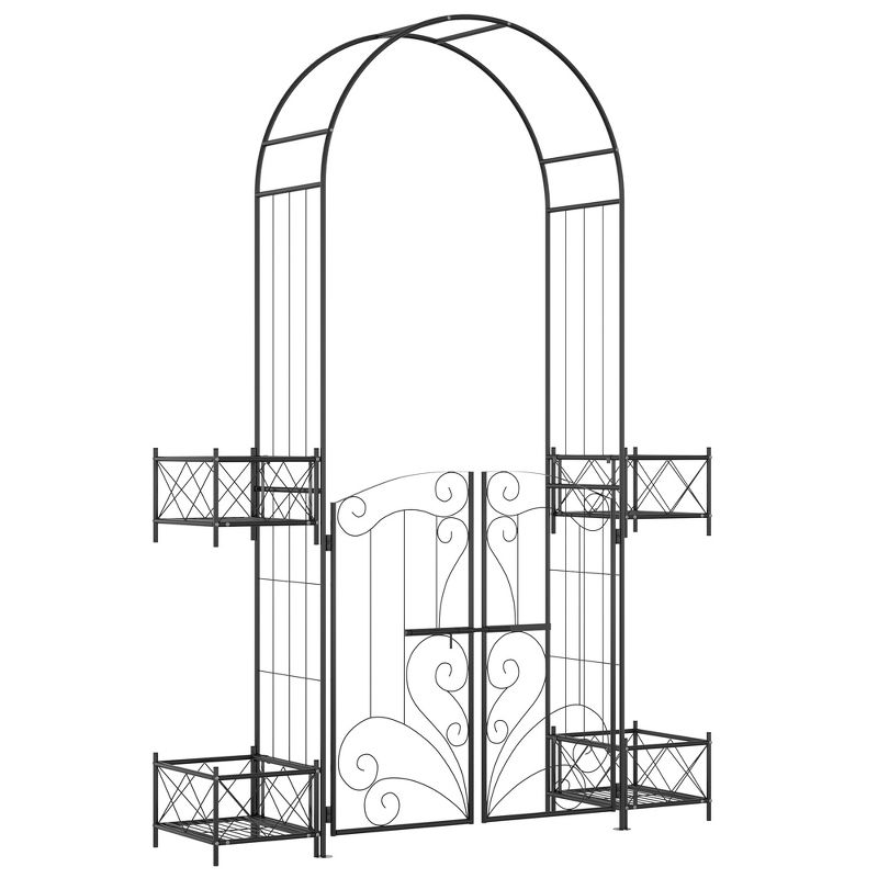 Outsunny 7' Metal Garden Arbor, Garden Arch with Gate, Scrollwork Hearts, Latching Doors, Planter Boxes for Climbing Vines, Ceremony, Weddings, Black, 1 of 7