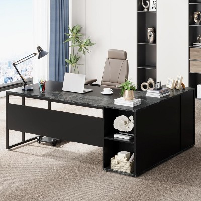 Black L-Shaped Executive Desk with Storage Cabinet and Shelves