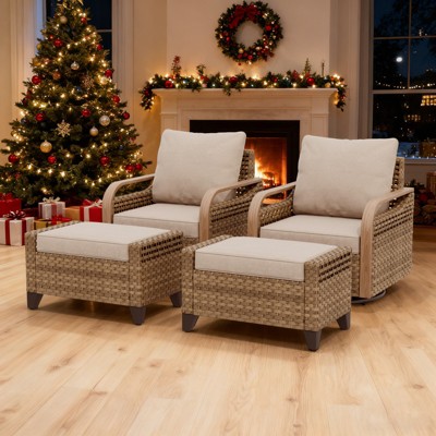 EAGLE PEAK Wicker Outdoor Glider Rocking Chair, Swivel Rocker, 2 Chairs 2 Ottomans, 4 Piece