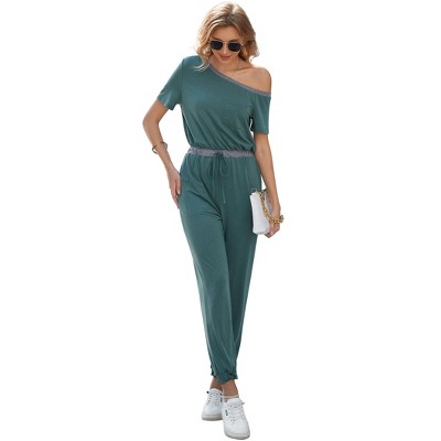 Womens Jumpsuit Casual One Piece Short Sleeve Off Shoulder Elastic Waist Romper with Pockets