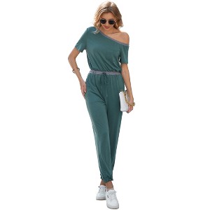 Womens Jumpsuit Casual One Piece Short Sleeve Off Shoulder Elastic Waist Romper with Pockets - 1 of 4