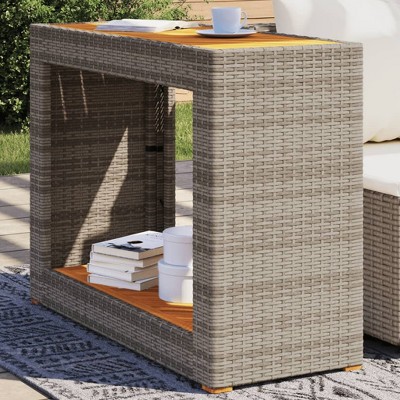 vidaXL Patio Side Table with Wooden Top Gray 39.4"x15.7"x29.5" Poly Rattan